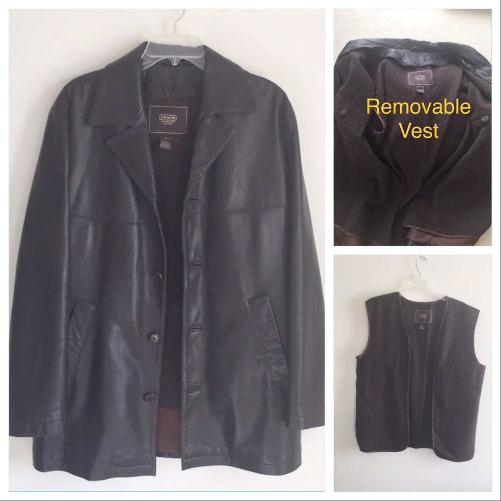 SOLD. NWOT Men Coach Leather Coat w Removable Vest Brown